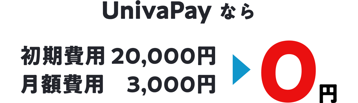 UnivaPayなら初期費用20,000円、月額費用3,000円が0円